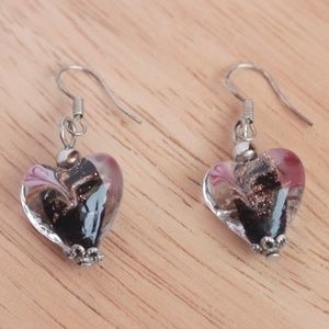 Heart Glass Art Artisan Swirl 925 Sterling Silver Flower Earrings Pink Black